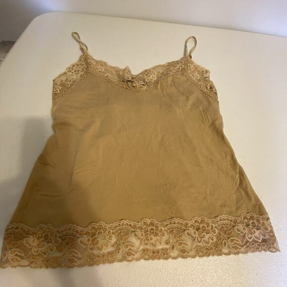 New York & Company Tops - VTG Y2K NY & Co TankTop L Gold LaceTrim Fairy Grunge Babydoll Coquette Stretch
